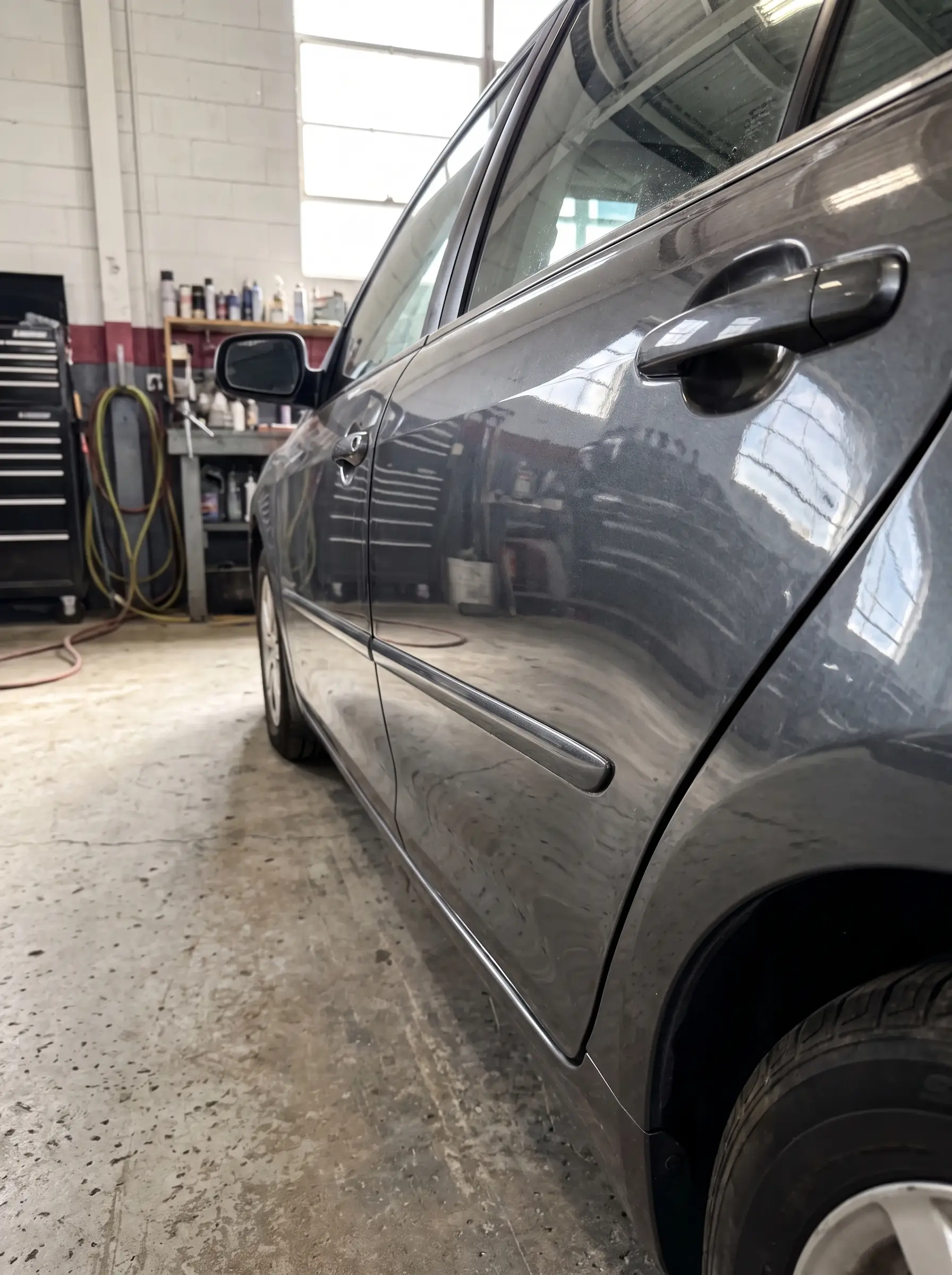 Same car after collision repair, door and quarter panel fully restored with matching paint