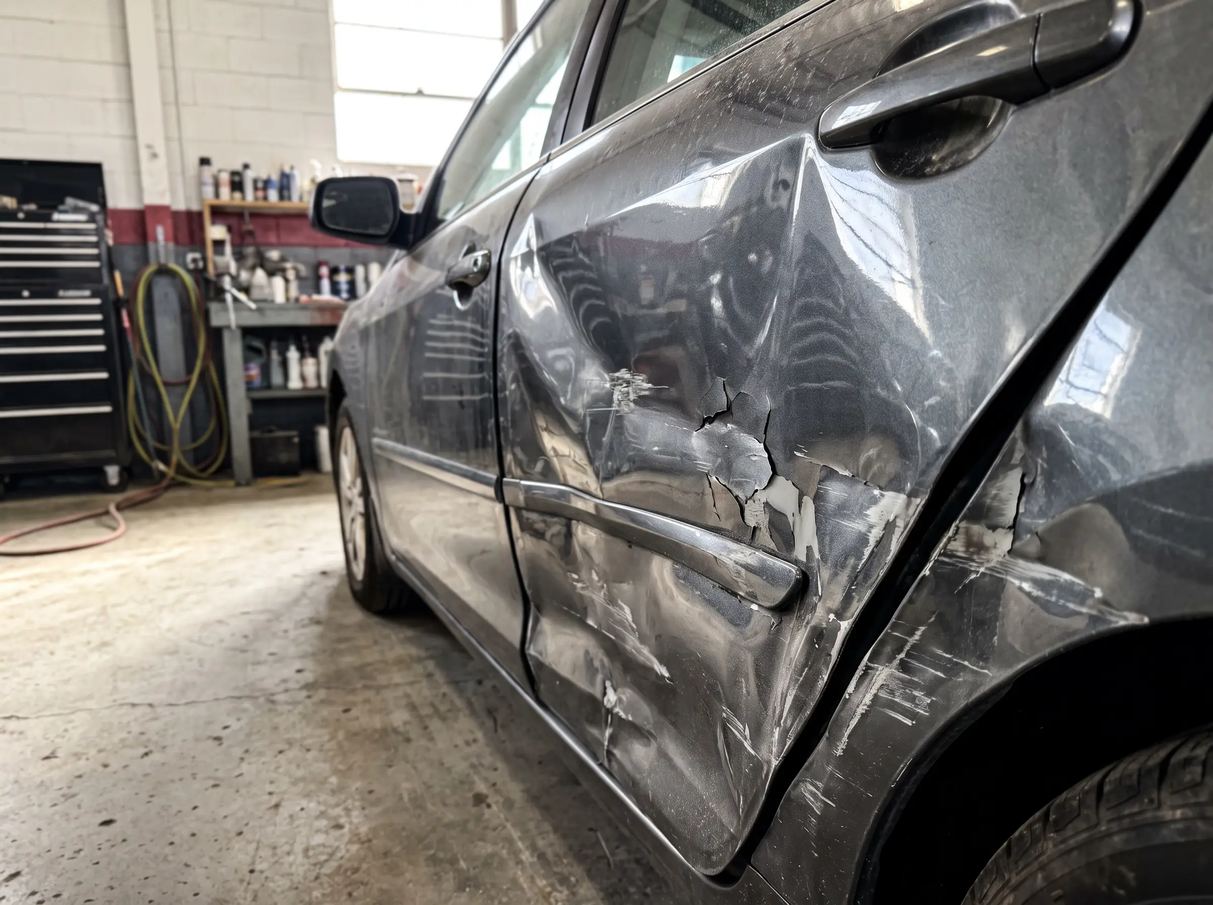 Collision damage on a car door and quarter panel before repair