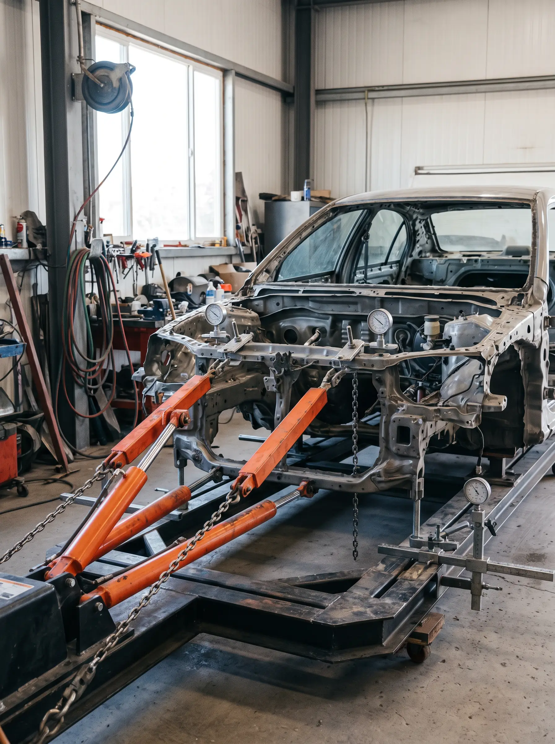 Frame straightening machine aligning a vehicle chassis