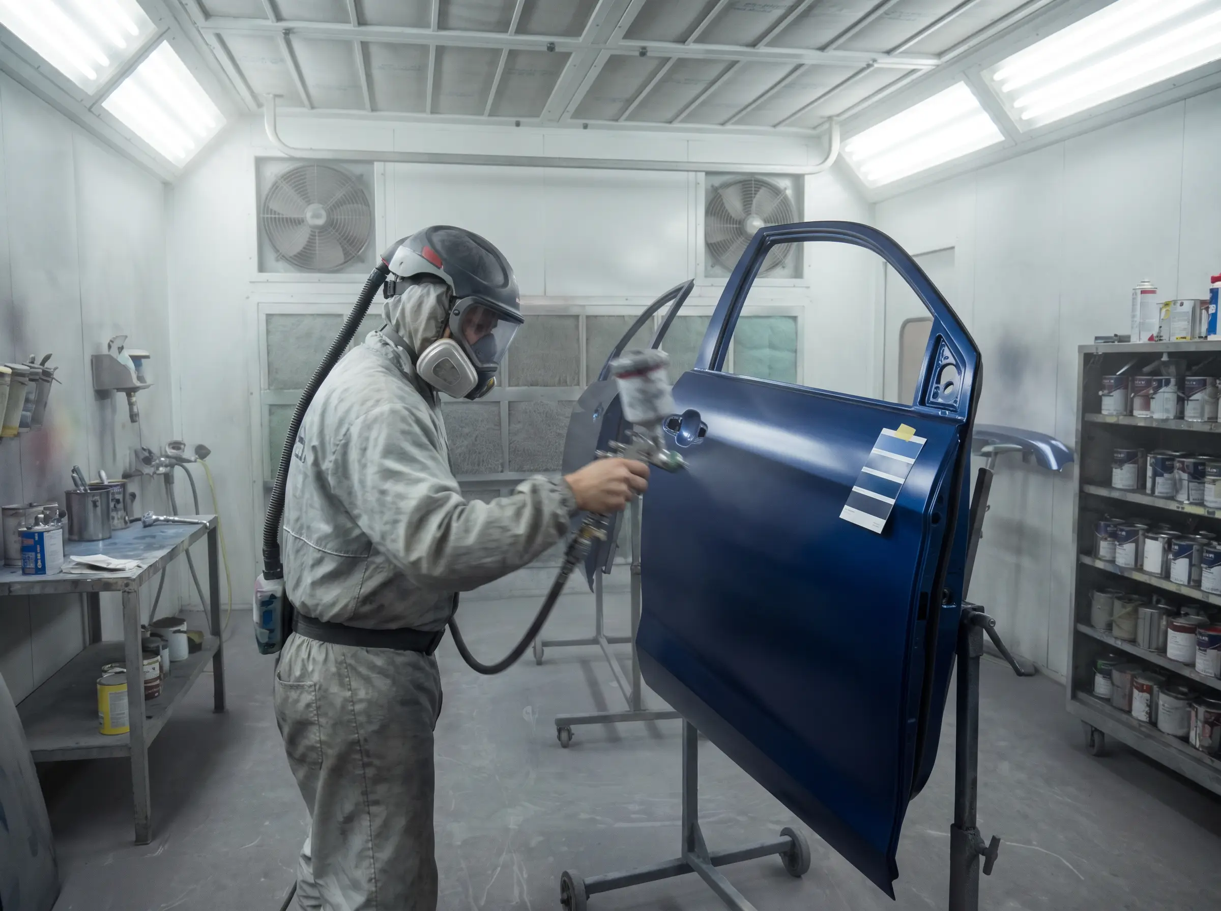 Technician color-matching paint in a paint booth